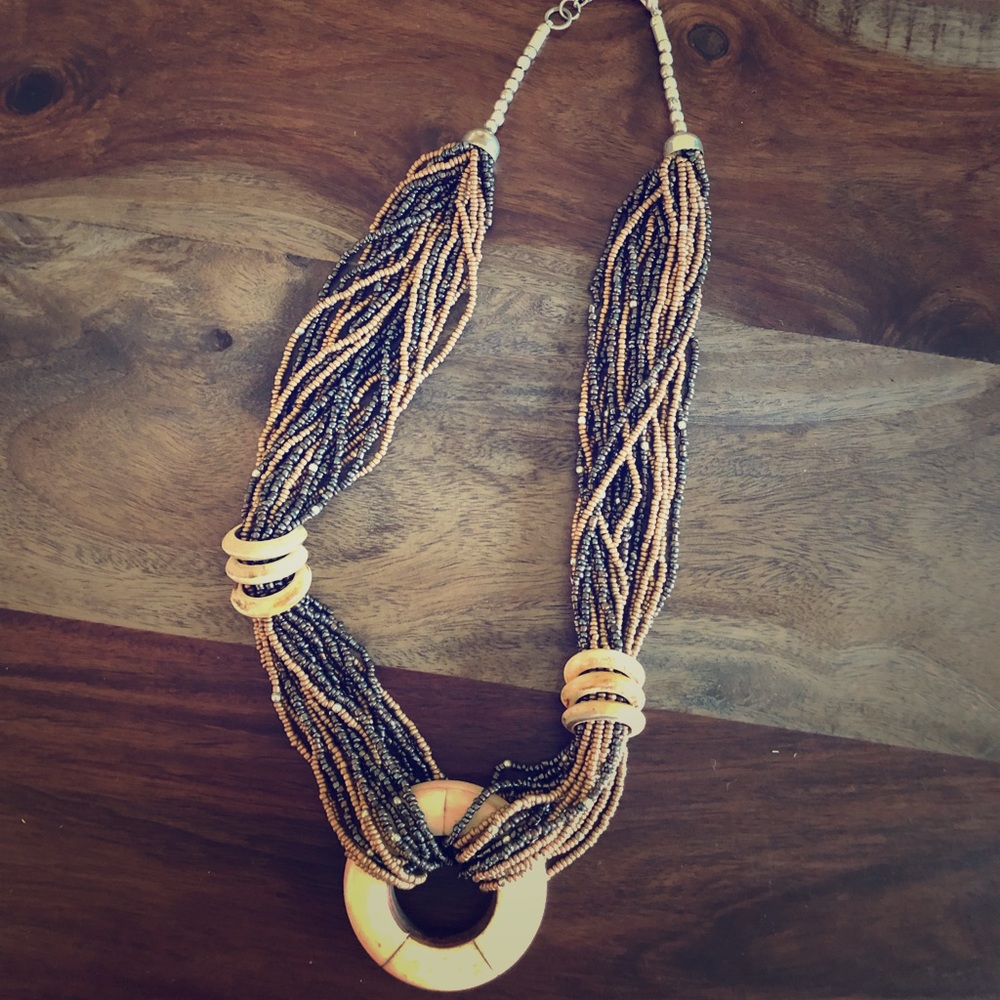 Grey & Gold Metallic Beaded Multi Strand Necklace